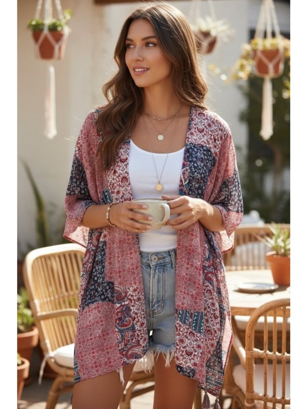 Altar’d State Boho Patchwork Sheer Kimono Topper Paisley Tassel Cardigan Size M
